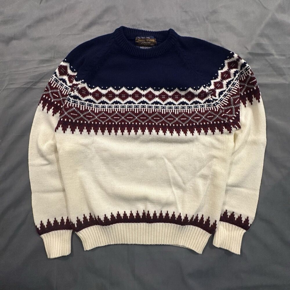 Vintage 80s JCPenney Knit Sweater Men's M Navy Blue Cream Fair Isle Nordic Ski